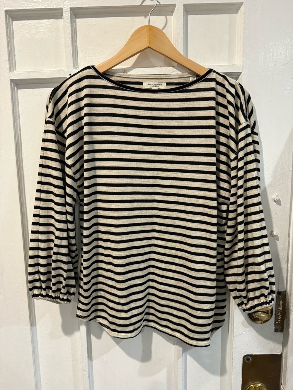 Max Studio Black and Cream Striped Knit Top
